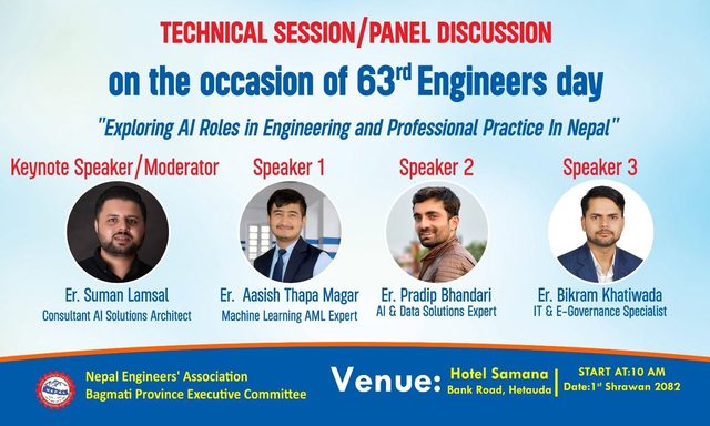 Poster for the 63rd Engineers Day technical session, Er. Suman Lamsal listed as keynote speaker and moderator